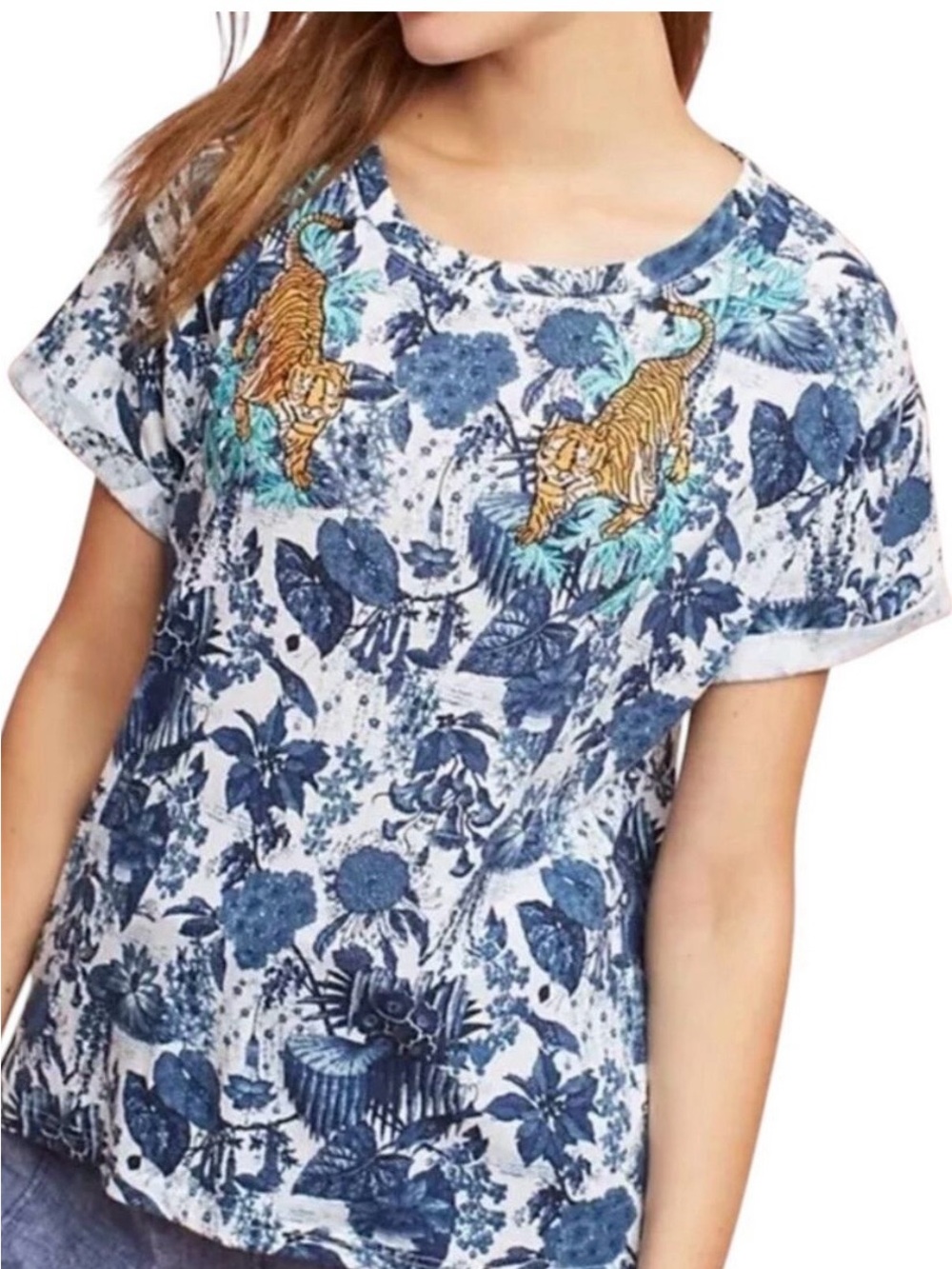 Anthropologie White Navy Floral Tee with Embroidered Orange Tigers